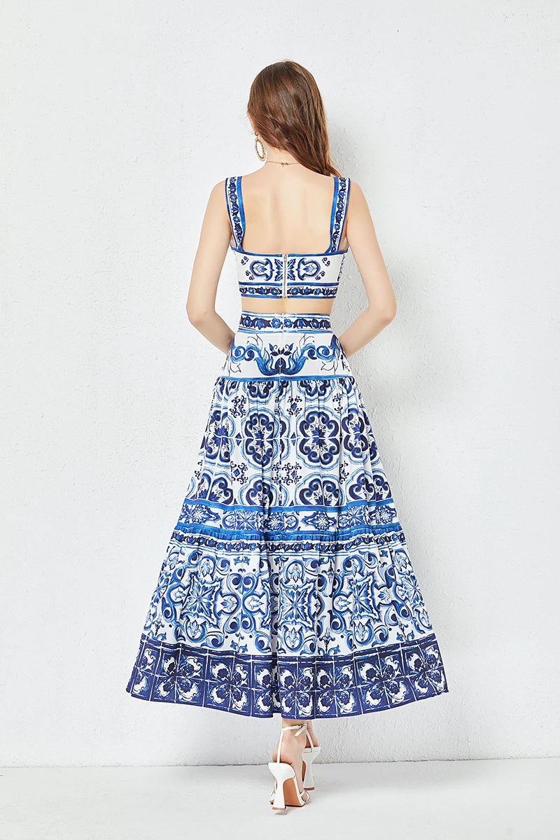 JAMERARY Summer Runway Blue And White Porcelain Two Piece Set Women Flower Print Short Crop Top + Holiday Beach Maxi Skirt Suits