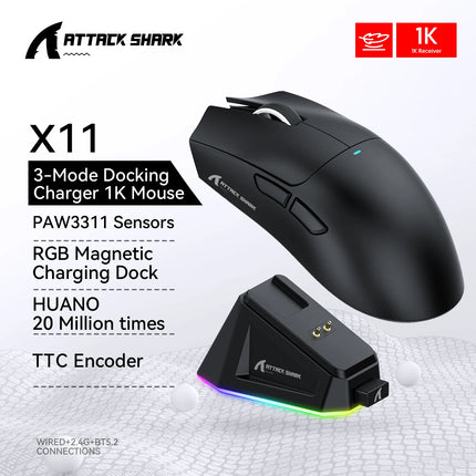 Attack Shark X11 Wireless Mouse,Tri-Mode Connection, PixArt PAW3311, Touch Magnetic Charging Base, Macro Gaming Mouse