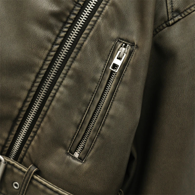 ZVRI 2024 Women Vintage Loose Pu Faux Leather Short Jacket with Belt Streetwear Female Zipper Retro Moto Biker Coat Outwear Tops