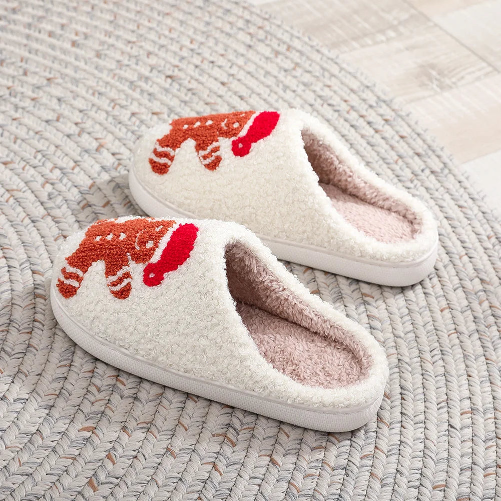 Christmas Slippers Female Home Fluffy Flip flops Winter Women Girls Indoor Cute Deer Gingerbread Man Warm House Plush Shoes
