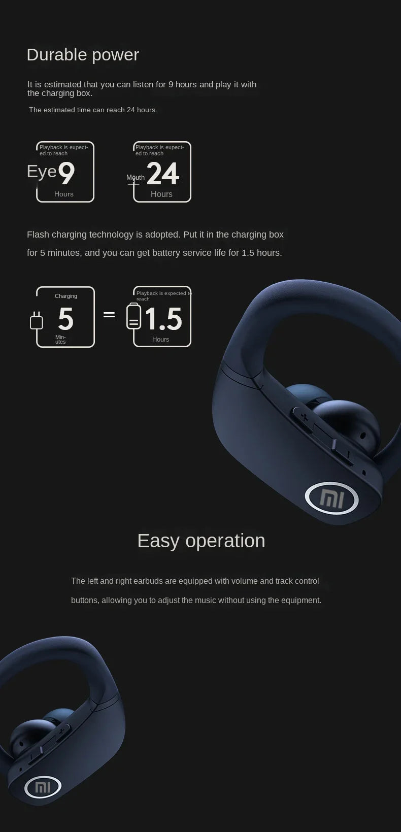 XIAOMI Original Z9 True Wireless Headset Hook Bluetooth Touch Headset HD Call LED Display Sports Headset with Microphone
