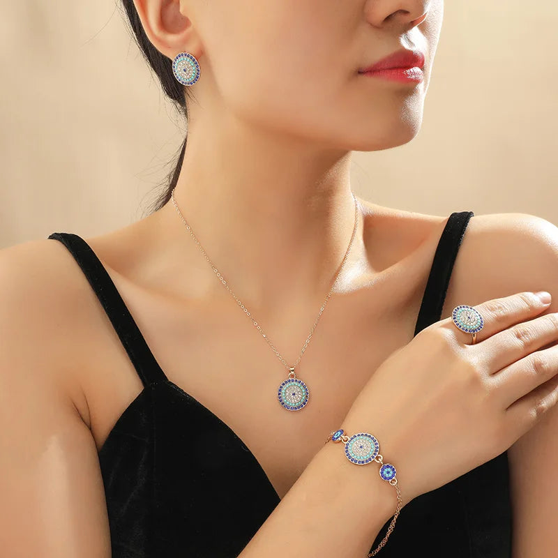 5PCS Devil's Eye Four Piece Set Cross border Source Jewelry Devil's Eye Necklace Earrings Four Piece Set Round Türkiye Blue Eye