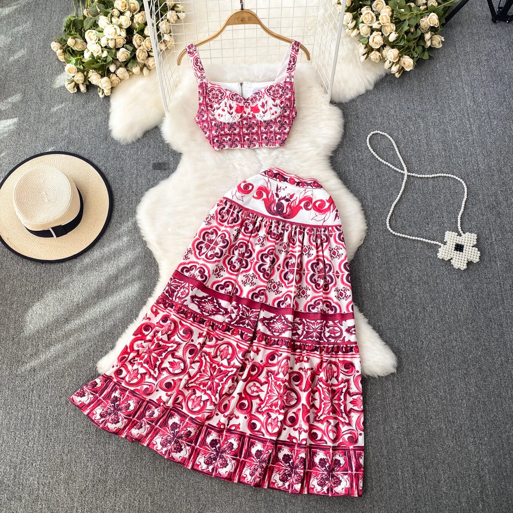 JAMERARY Summer Runway Blue And White Porcelain Two Piece Set Women Flower Print Short Crop Top + Holiday Beach Maxi Skirt Suits