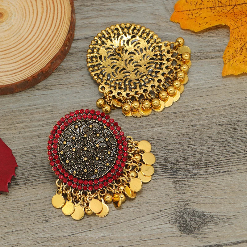 Exaggerated retro round earrings with Bohemian hollow pieces, tassels, and Indian style earrings