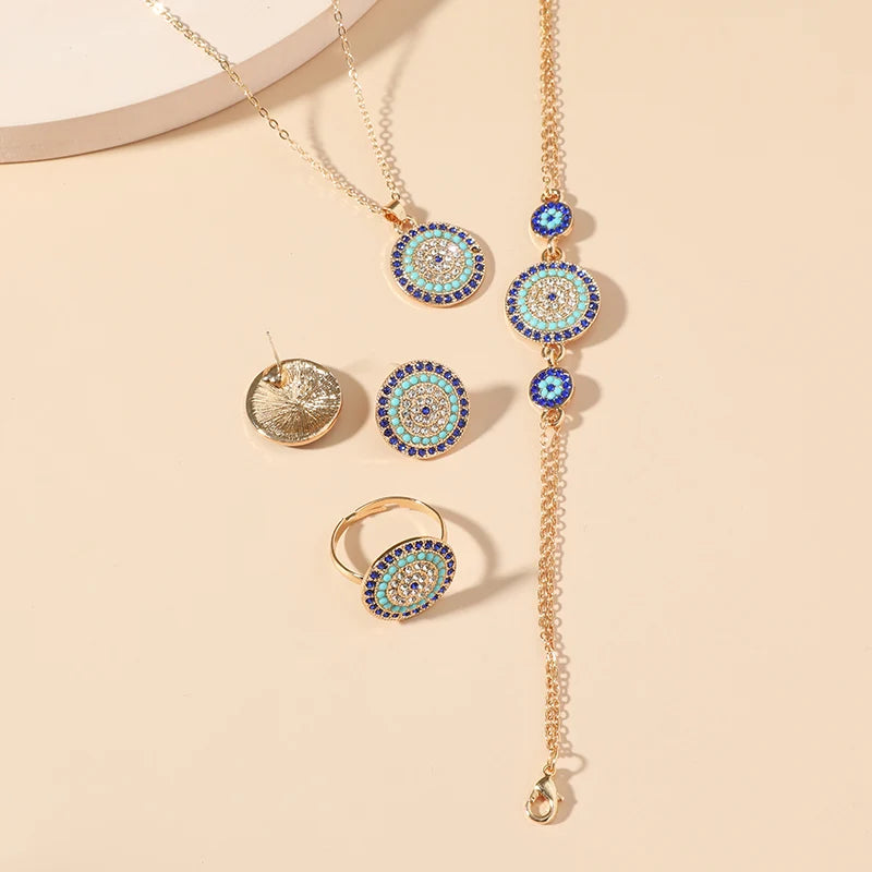5PCS Devil's Eye Four Piece Set Cross border Source Jewelry Devil's Eye Necklace Earrings Four Piece Set Round Türkiye Blue Eye