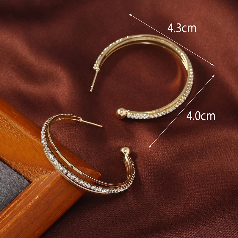 2pcs popular new product temperament three ring metal wind earrings with diamond studded metal fashionable versatile earrings