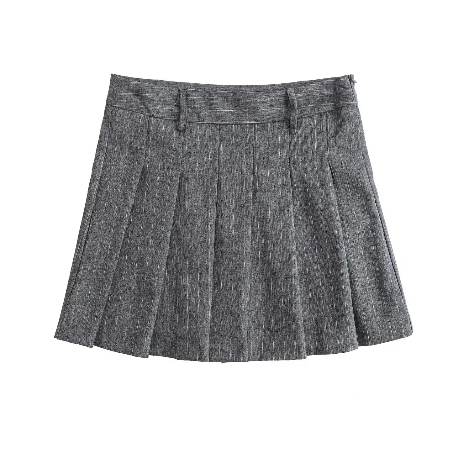 TRAF 2024 Spring Women Fashion Grey 2 Piece Sets Woman Pinstripes Pockets Slim Blazer Coat + Zipper Versatile Female Mini Skirts