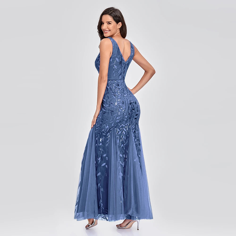Sleeveless V-neck Tulle Sequins Cocktail Dresses V-back Mermaid Party Prom Gowns Women Formal Occasion Embroidered Robe Vestioes