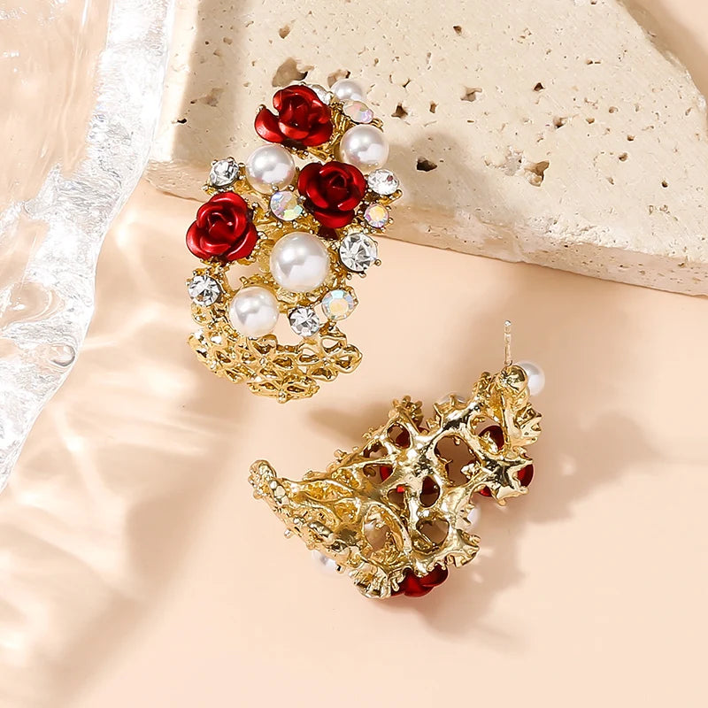 Korean Earrings, high-end hollowed out C-shaped half ring earrings, French pearl shell roses