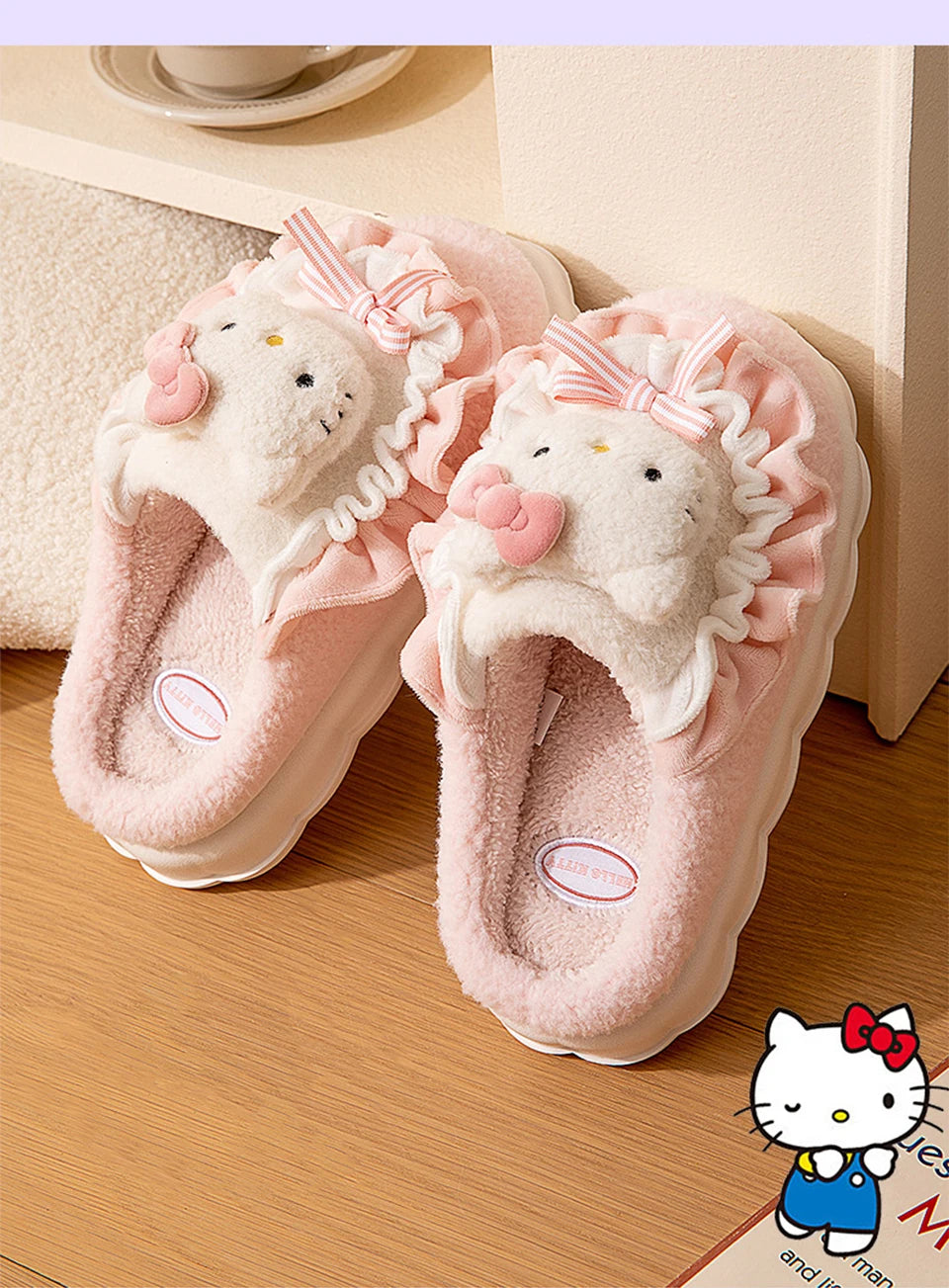 Sanrio Kawaii Cinnamoroll Womens Slippers Kuromi Hello Kitty Plush Cartoon Cute Sweet Suitable Indoor Outdoor Winter Shoes