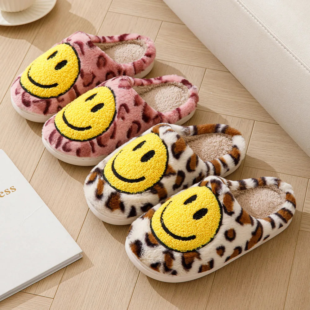 Leopard Fluffy Slippers for Home Smile Designer Platform Shoes Women 2024 Indoor Plush Sliders Warm Flats Chic Winter Footwear