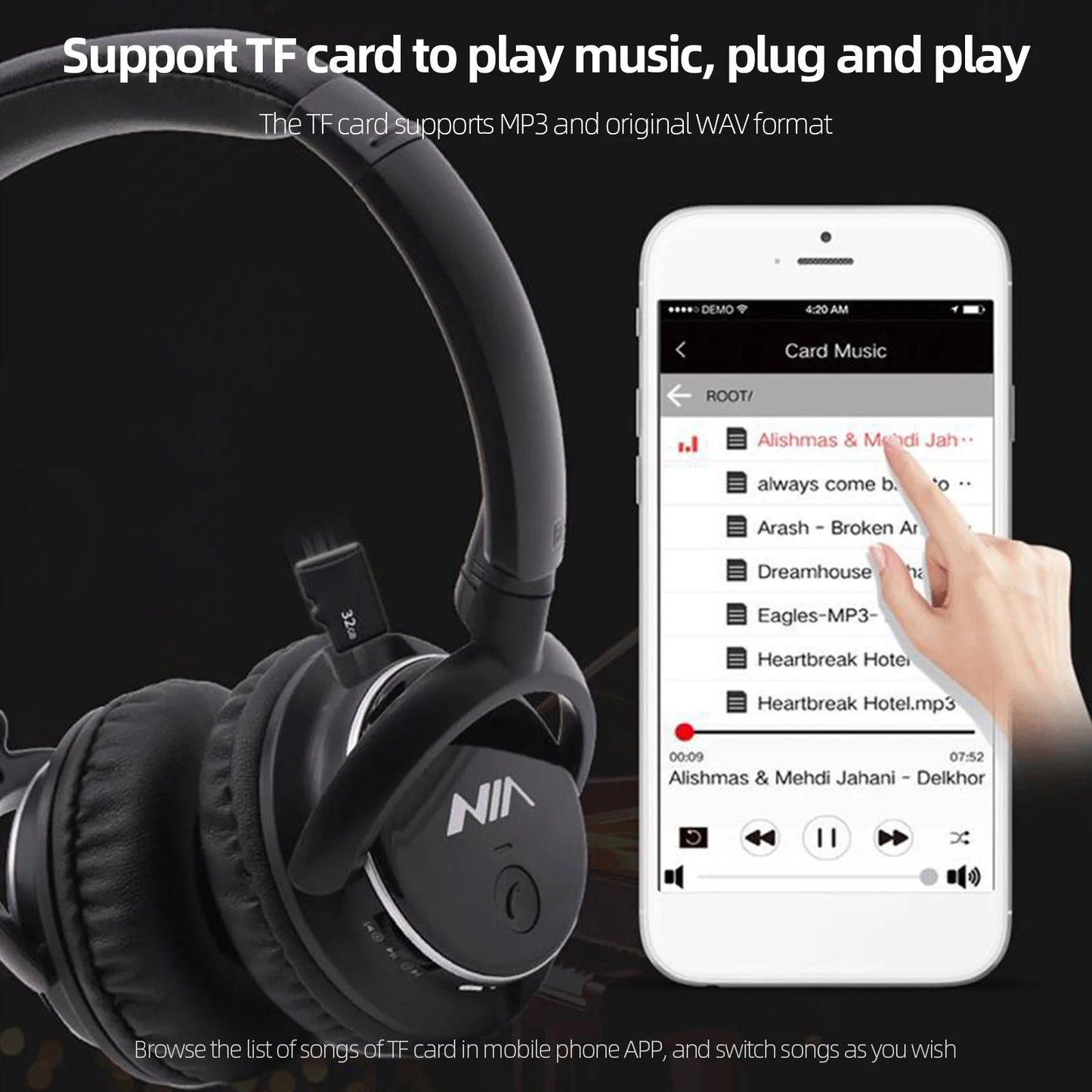 Bluetooth Headphone Wireless Stereo Music Headset Over-ear TF Card FM Radio Foldable Wired Earphone with Microphone APP Control
