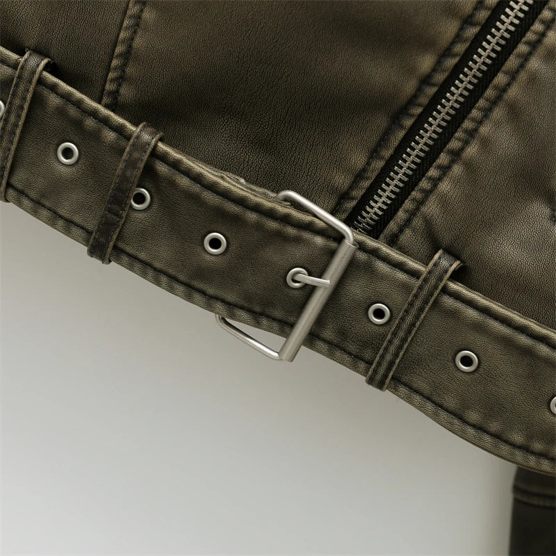ZVRI 2024 Women Vintage Loose Pu Faux Leather Short Jacket with Belt Streetwear Female Zipper Retro Moto Biker Coat Outwear Tops