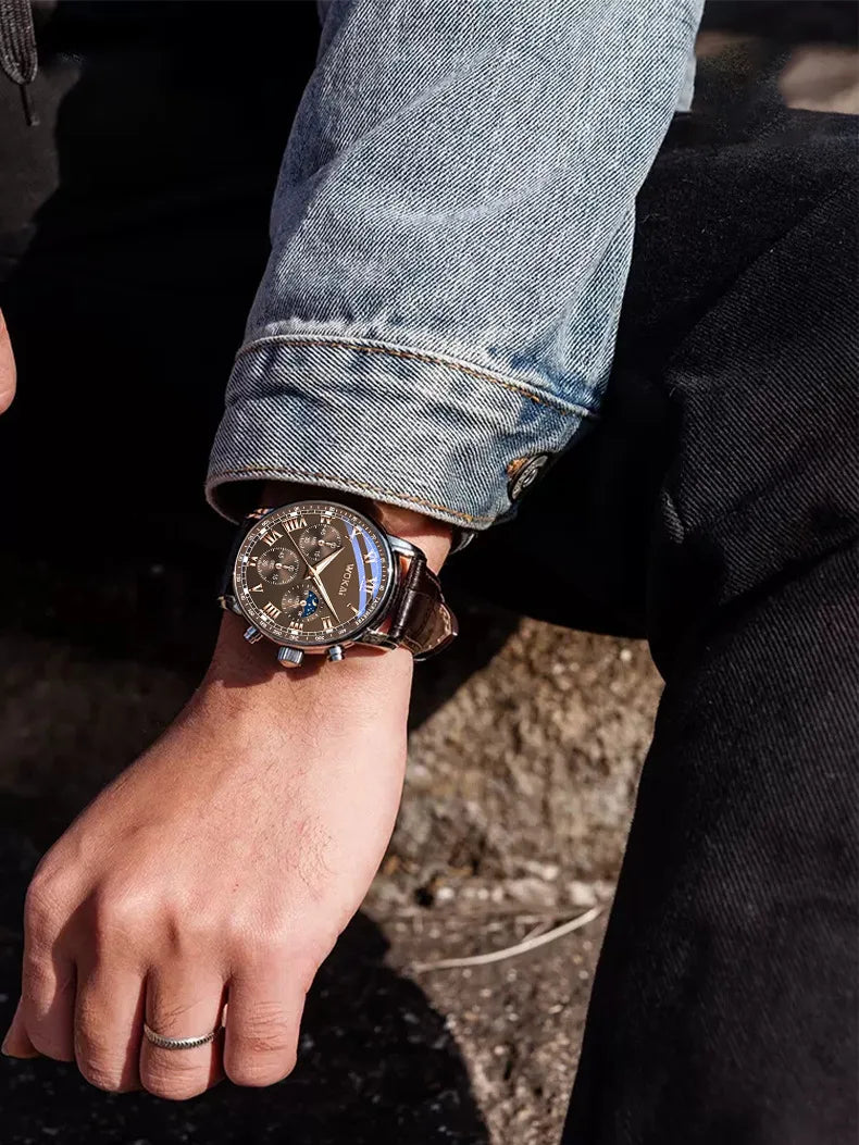 Luxury Brand Watch Mens Quartz Watches Leather Strap Fake Three Eye Fashion Business Wristwatch Dropshipping relogios masculinos