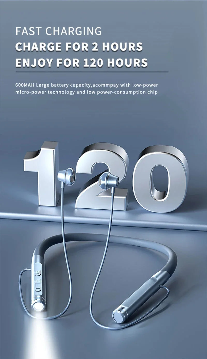 EARDECO 120 Hour Bluetooth Headphone Stereo Bass Wireless Headphones Neckband Earphones Power Flashlight Display Neck Headset