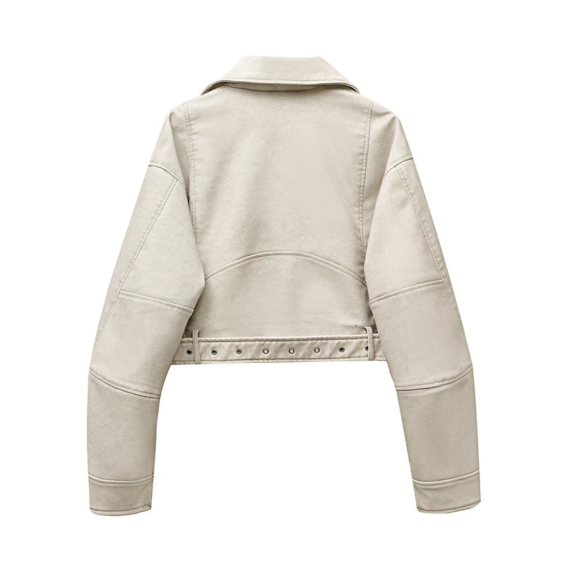 ZVRI 2024 Women Vintage Loose Pu Faux Leather Short Jacket with Belt Streetwear Female Zipper Retro Moto Biker Coat Outwear Tops
