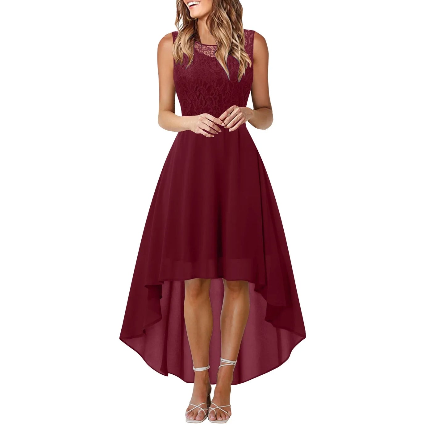 New Elegant Lace Evening Party Dress Women Sleeveless Lace Chiffon Irregular Dress Ladies Vintage Big Swing Maxi Dress Vestidos