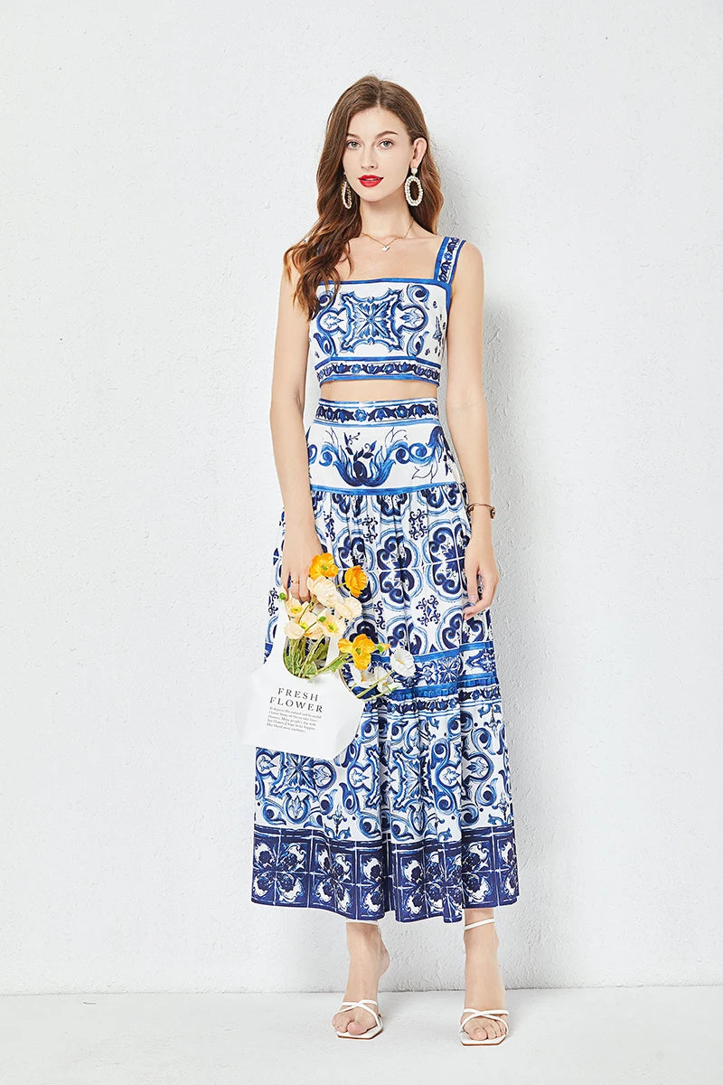 JAMERARY Summer Runway Blue And White Porcelain Two Piece Set Women Flower Print Short Crop Top + Holiday Beach Maxi Skirt Suits