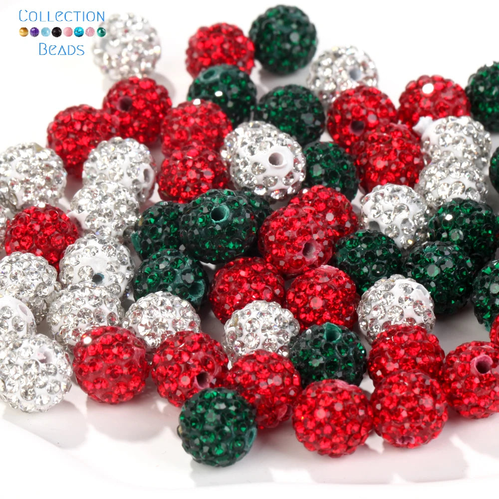 45pcs 10mm Christmas Color Czech Crystal Rhinestones Pave Clay Round Disco Ball Spacer Beads For Jewelry Making Accessries