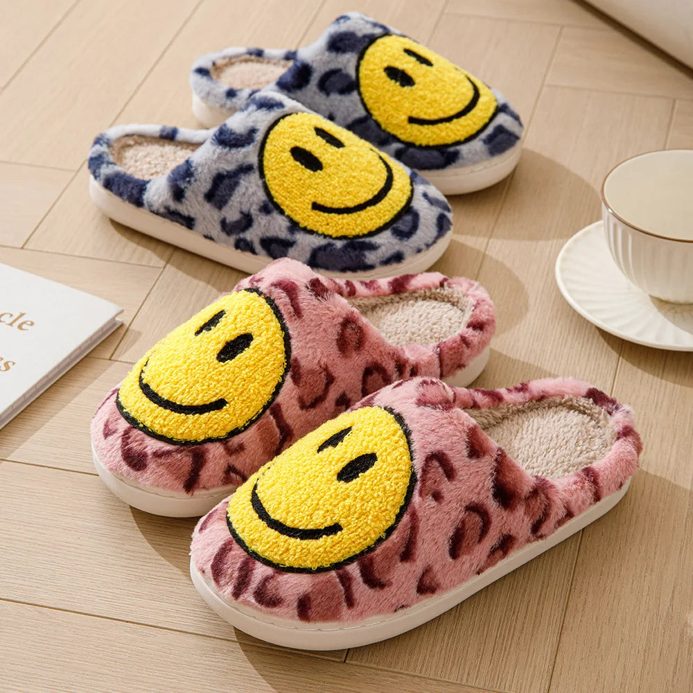 Leopard Fluffy Slippers for Home Smile Designer Platform Shoes Women 2024 Indoor Plush Sliders Warm Flats Chic Winter Footwear