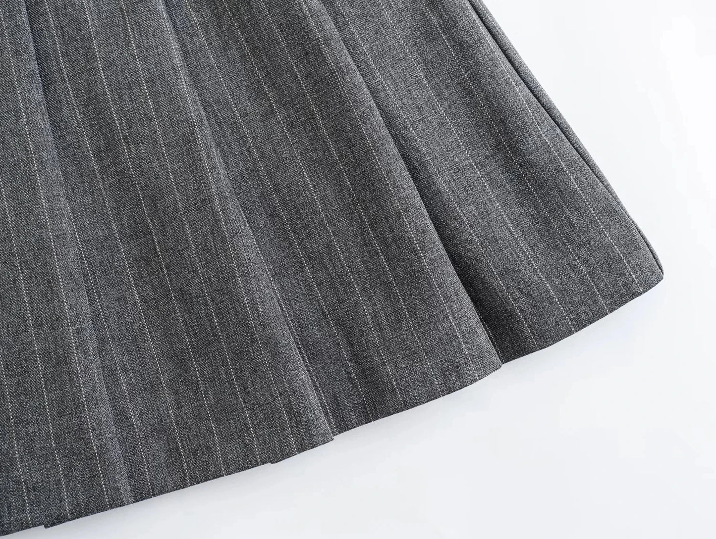 TRAF 2024 Spring Women Fashion Grey 2 Piece Sets Woman Pinstripes Pockets Slim Blazer Coat + Zipper Versatile Female Mini Skirts