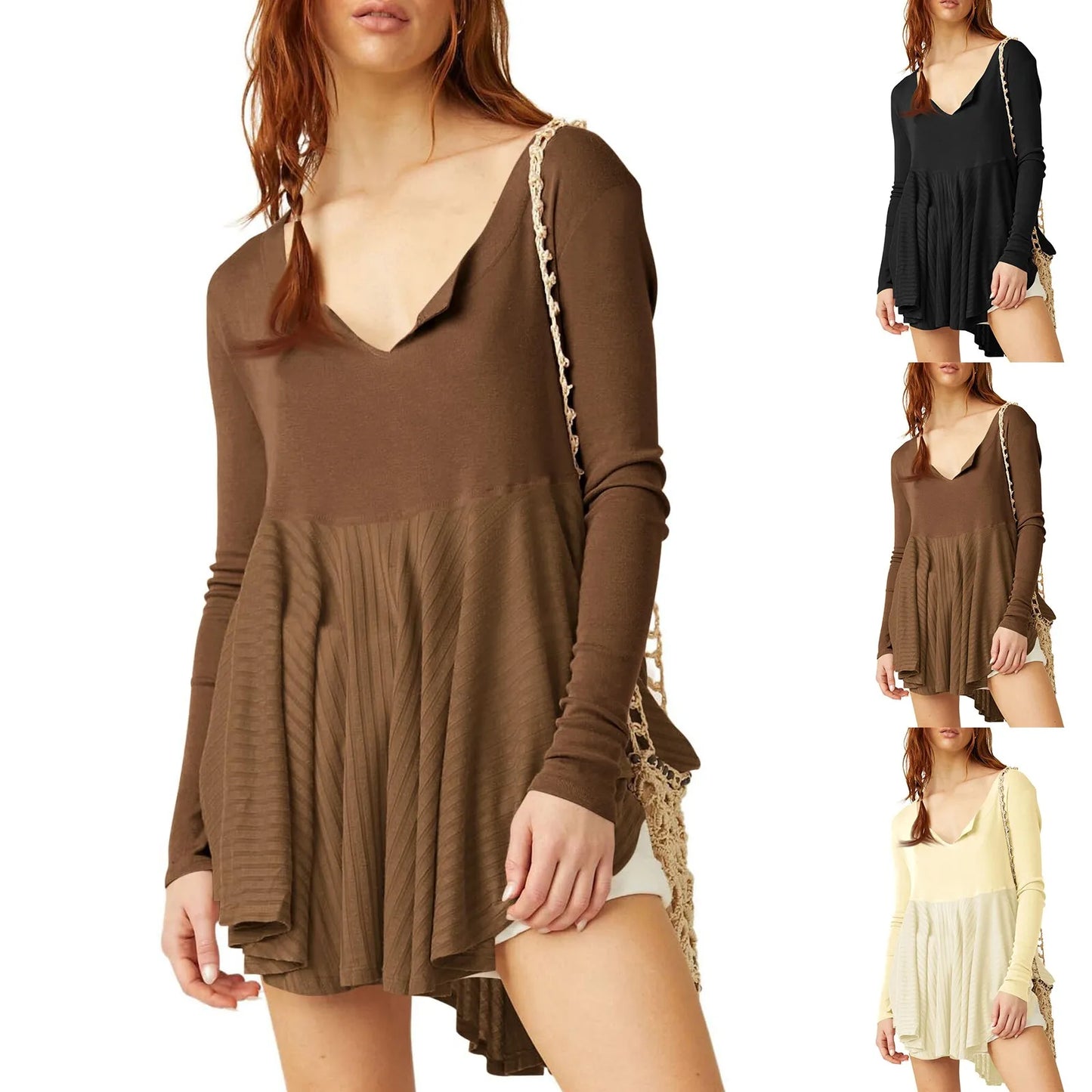 Ladies' New Trendy High Street Long Sleeve Pullover V-neck A-line Top Solid Color Sexy Irregular Hem Casual Comfy Pleated Skirt