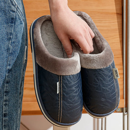 Big Size Winter Casual Men's Slippers Indoor Waterproof PU Leather Home Shoes Fur Flat Warm Fashion Bedroom Houseshoes