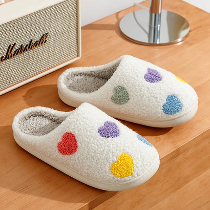 Cute Color Heart Women Slippers Valentine's Day Embroidery Fuzzy Romantic Love Comfy Flat Girl Friend Gift Winter Home Shoes