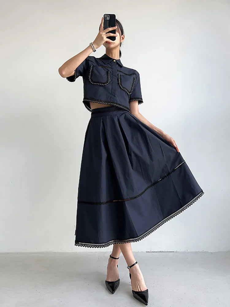 TWOTWINSTYLE Casual Two Piece Set For Women Lapel Short Sleeve Top High Waist A Line Skirt Minimalist Sets Female Fashion New