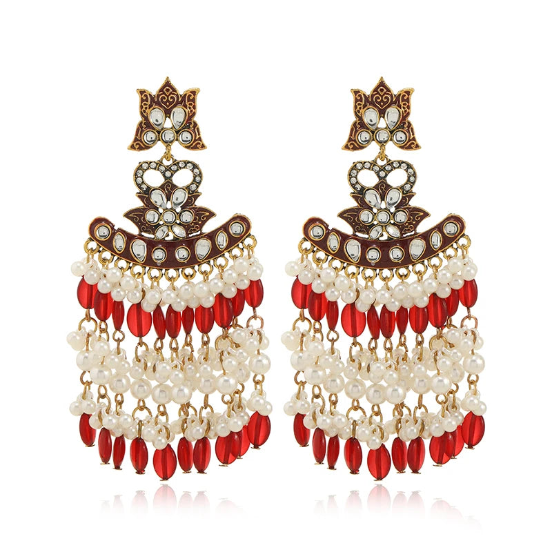 Middle Eastern Vintage Earrings Pearl Tassel Women's Earrings Half Round Flat Beads Colorful Cool Earrings
