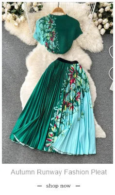 JAMERARY Summer Runway Blue And White Porcelain Two Piece Set Women Flower Print Short Crop Top + Holiday Beach Maxi Skirt Suits