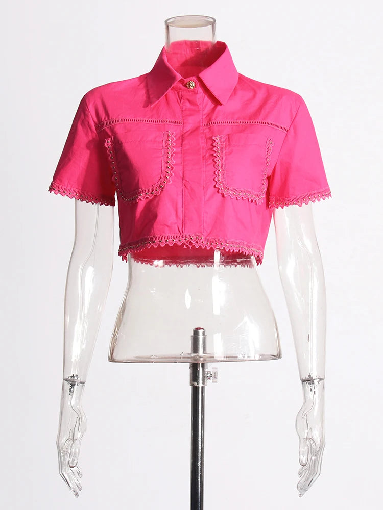 TWOTWINSTYLE Casual Two Piece Set For Women Lapel Short Sleeve Top High Waist A Line Skirt Minimalist Sets Female Fashion New