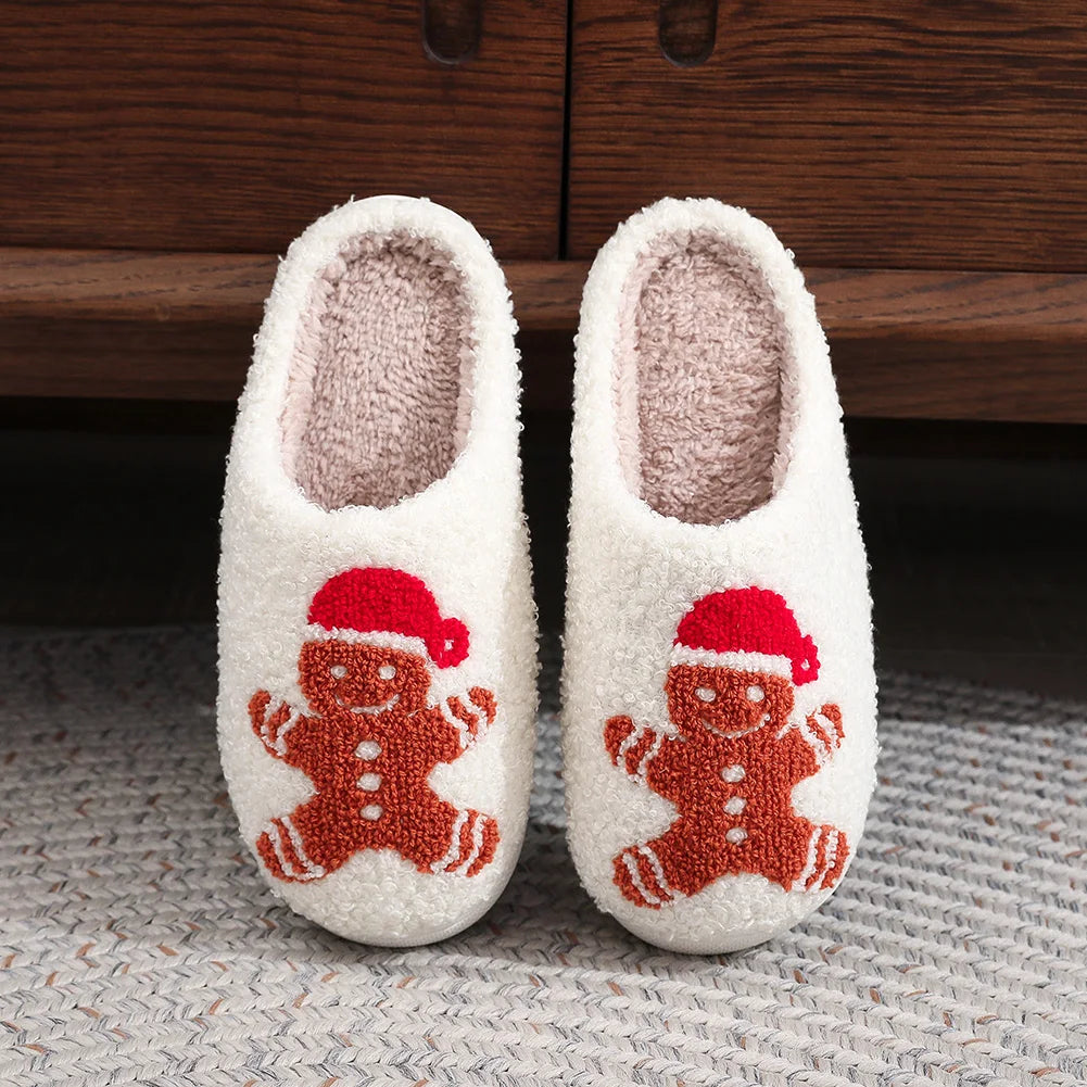 Christmas Slippers Female Home Fluffy Flip flops Winter Women Girls Indoor Cute Deer Gingerbread Man Warm House Plush Shoes