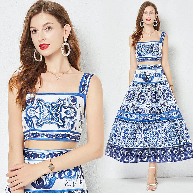 JAMERARY Summer Runway Blue And White Porcelain Two Piece Set Women Flower Print Short Crop Top + Holiday Beach Maxi Skirt Suits