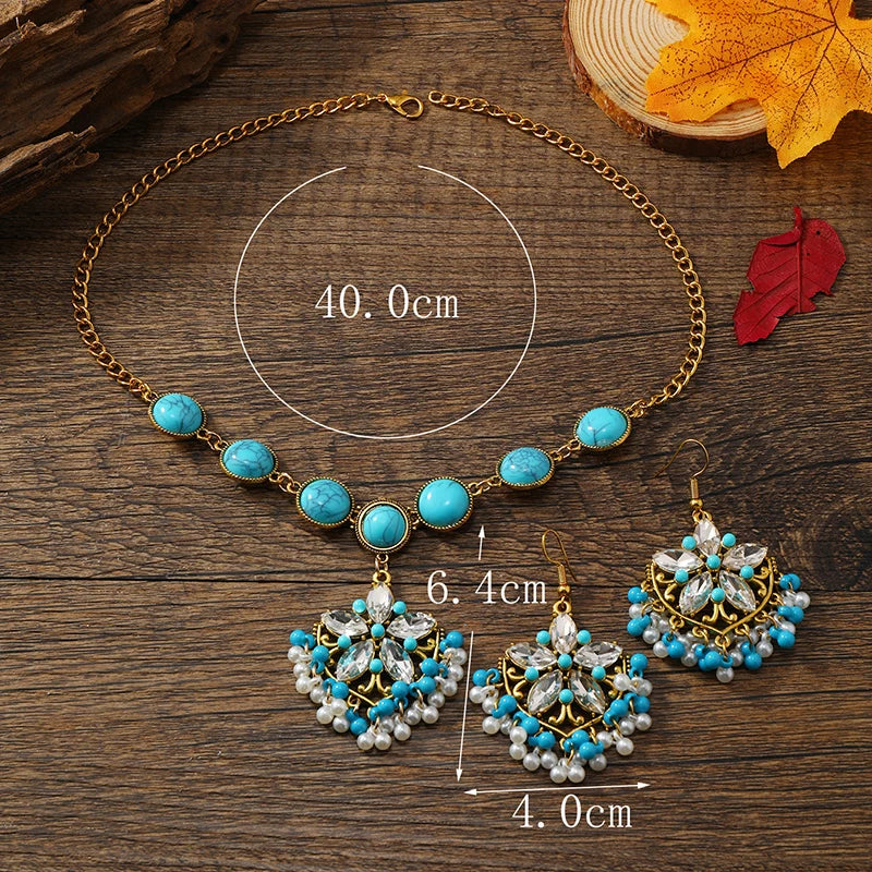 3pcsTurquoise five flower set luxury retro necklace earrings jewelry set niche high sense female jewelry set.