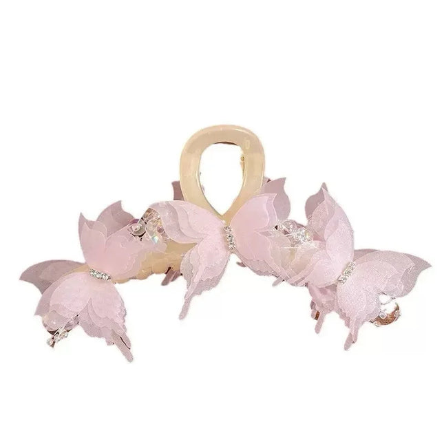 Light Blue/Pink Sheer Butterfly Claw Clip | Pearl Rhinestone Fairycore Hair Grabber | Elegant Romantic Hair Accessory