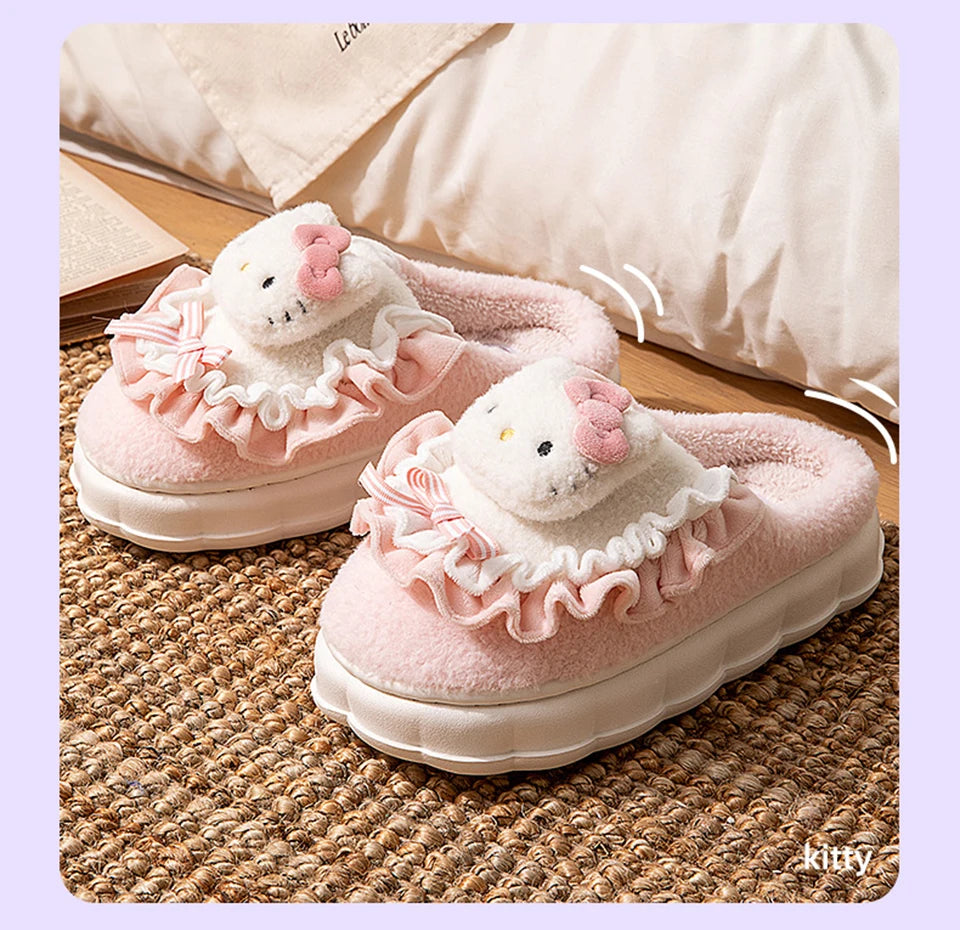Sanrio Kawaii Cinnamoroll Womens Slippers Kuromi Hello Kitty Plush Cartoon Cute Sweet Suitable Indoor Outdoor Winter Shoes