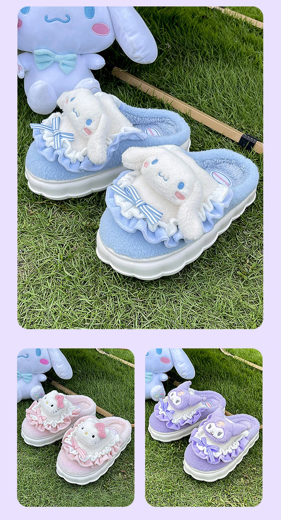 Sanrio Kawaii Cinnamoroll Womens Slippers Kuromi Hello Kitty Plush Cartoon Cute Sweet Suitable Indoor Outdoor Winter Shoes