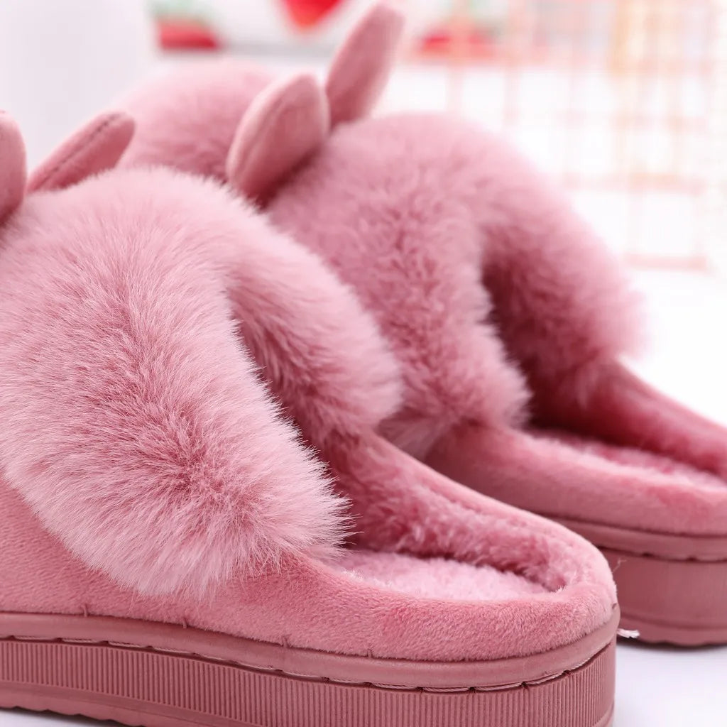 Winter Warm Home Fur Slippers Womens Indoor Home Rabbit Shoe Furry Ears Footwear Indoor Bedroom Flat Heels Fluffy Slippers Shoes