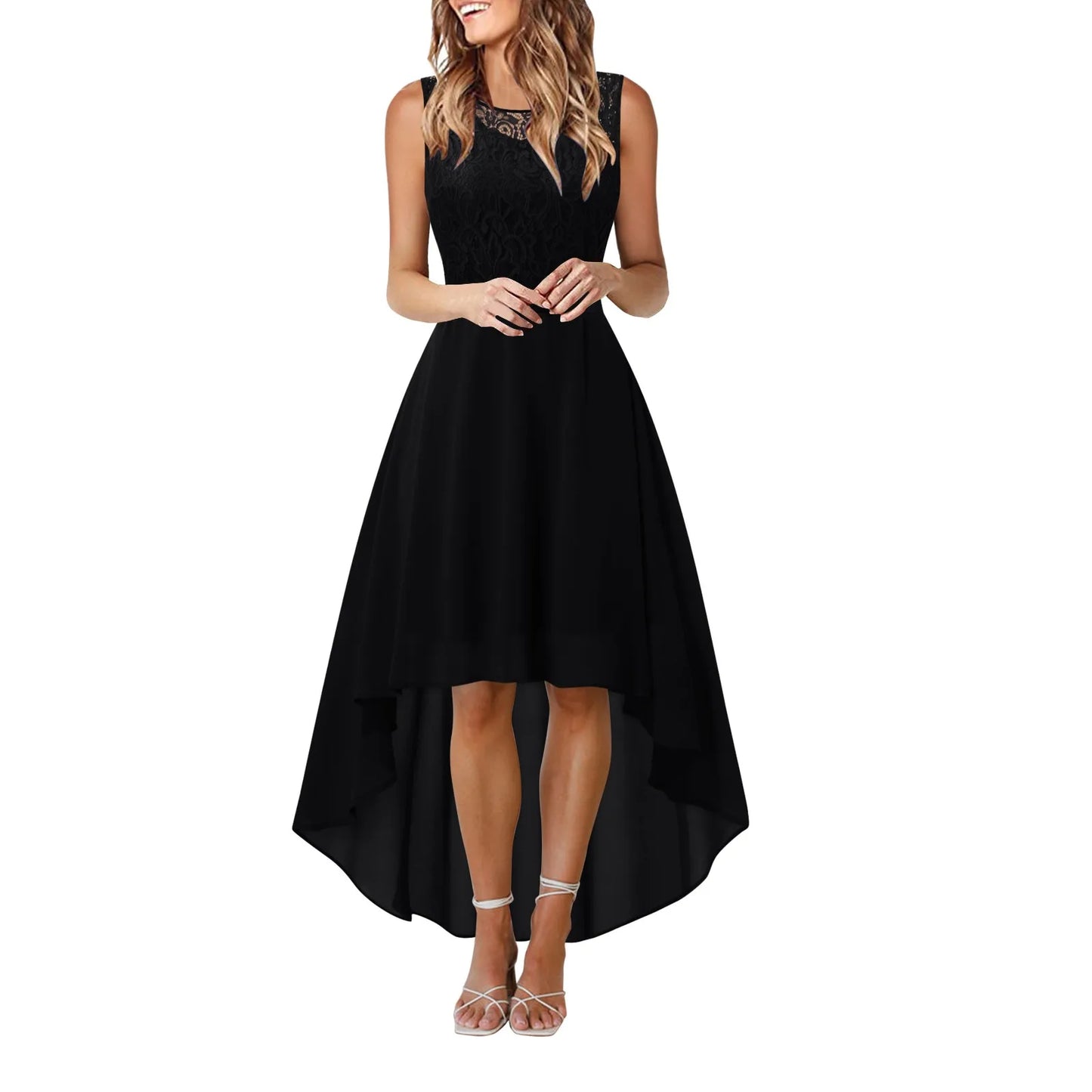 New Elegant Lace Evening Party Dress Women Sleeveless Lace Chiffon Irregular Dress Ladies Vintage Big Swing Maxi Dress Vestidos