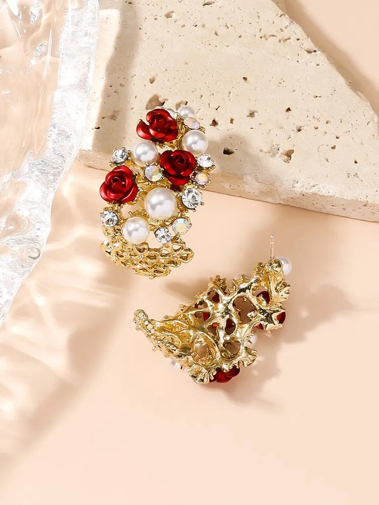 Korean Earrings, high-end hollowed out C-shaped half ring earrings, French pearl shell roses