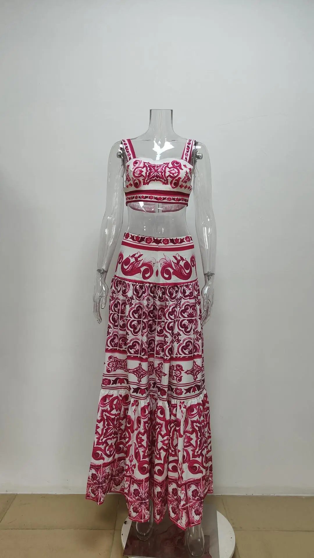 JAMERARY Summer Runway Blue And White Porcelain Two Piece Set Women Flower Print Short Crop Top + Holiday Beach Maxi Skirt Suits