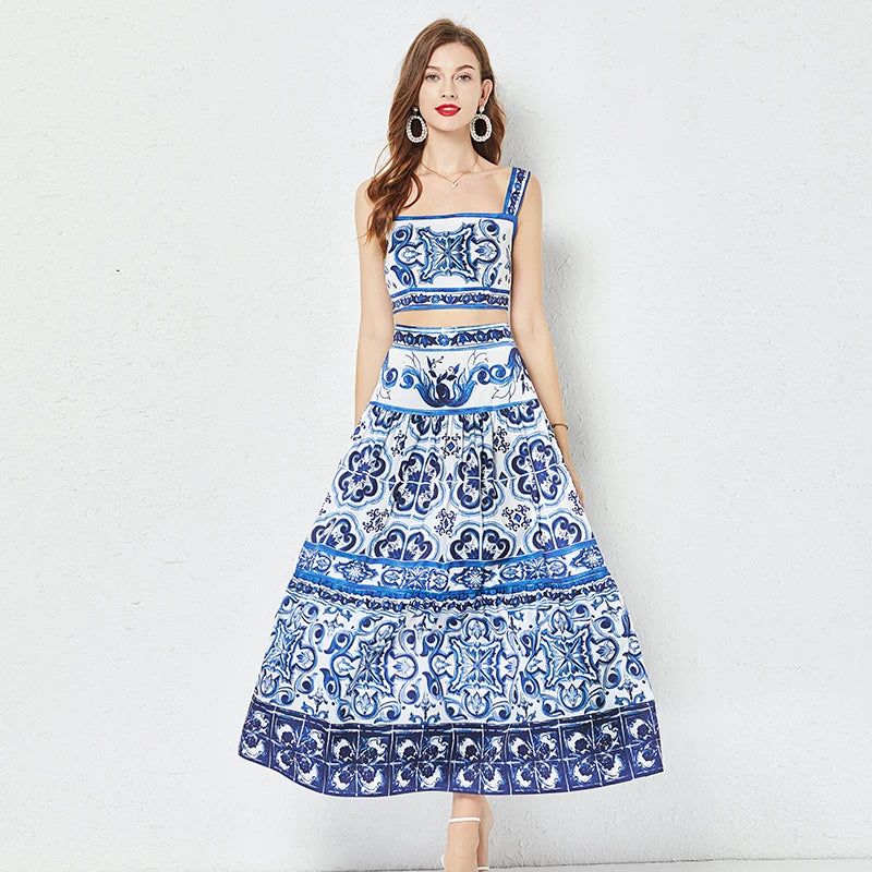 JAMERARY Summer Runway Blue And White Porcelain Two Piece Set Women Flower Print Short Crop Top + Holiday Beach Maxi Skirt Suits