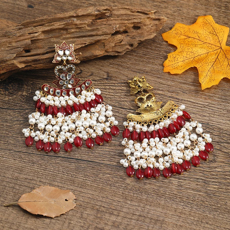 Middle Eastern Vintage Earrings Pearl Tassel Women's Earrings Half Round Flat Beads Colorful Cool Earrings