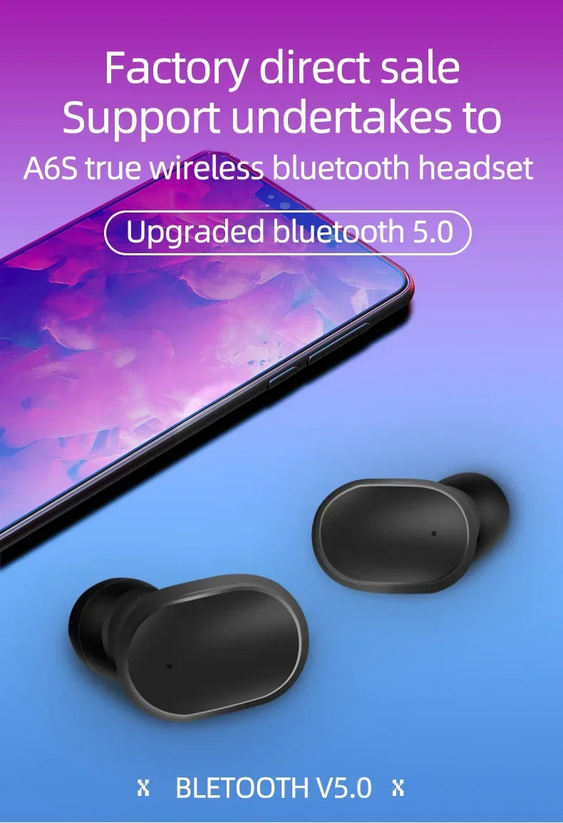 A6S TWS Bluetooth Wireless Headphones Wireless Earbuds 5.0 TWS Earphone Noise Cancelling Mic for Xiaomi iPhone Huawei Samsung