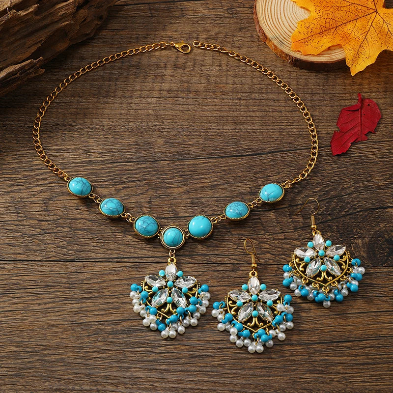 3pcsTurquoise five flower set luxury retro necklace earrings jewelry set niche high sense female jewelry set.