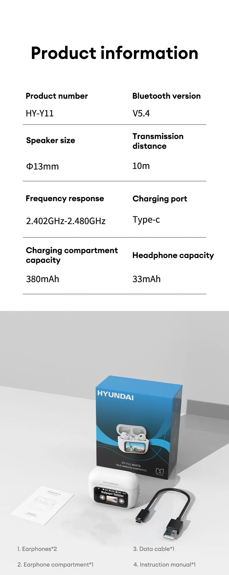 Choice HYUNDAI HY-Y11 Bluetooth Earphones LED A6 Screen Wireless Earbuds TWS ANC In Ear Sports Headphones with Mic Xiaomi Lenovo