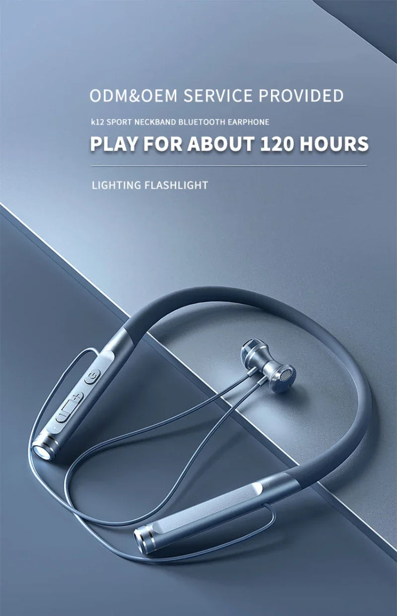 EARDECO 120 Hour Bluetooth Headphone Stereo Bass Wireless Headphones Neckband Earphones Power Flashlight Display Neck Headset
