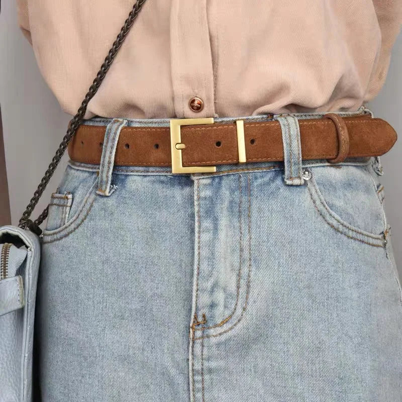 Luxury Genuine Leather Women Belt for Jeans and Dress Vintage Suede Cowhide Waistband Golden Square Buckle Ladies Trendy Belts