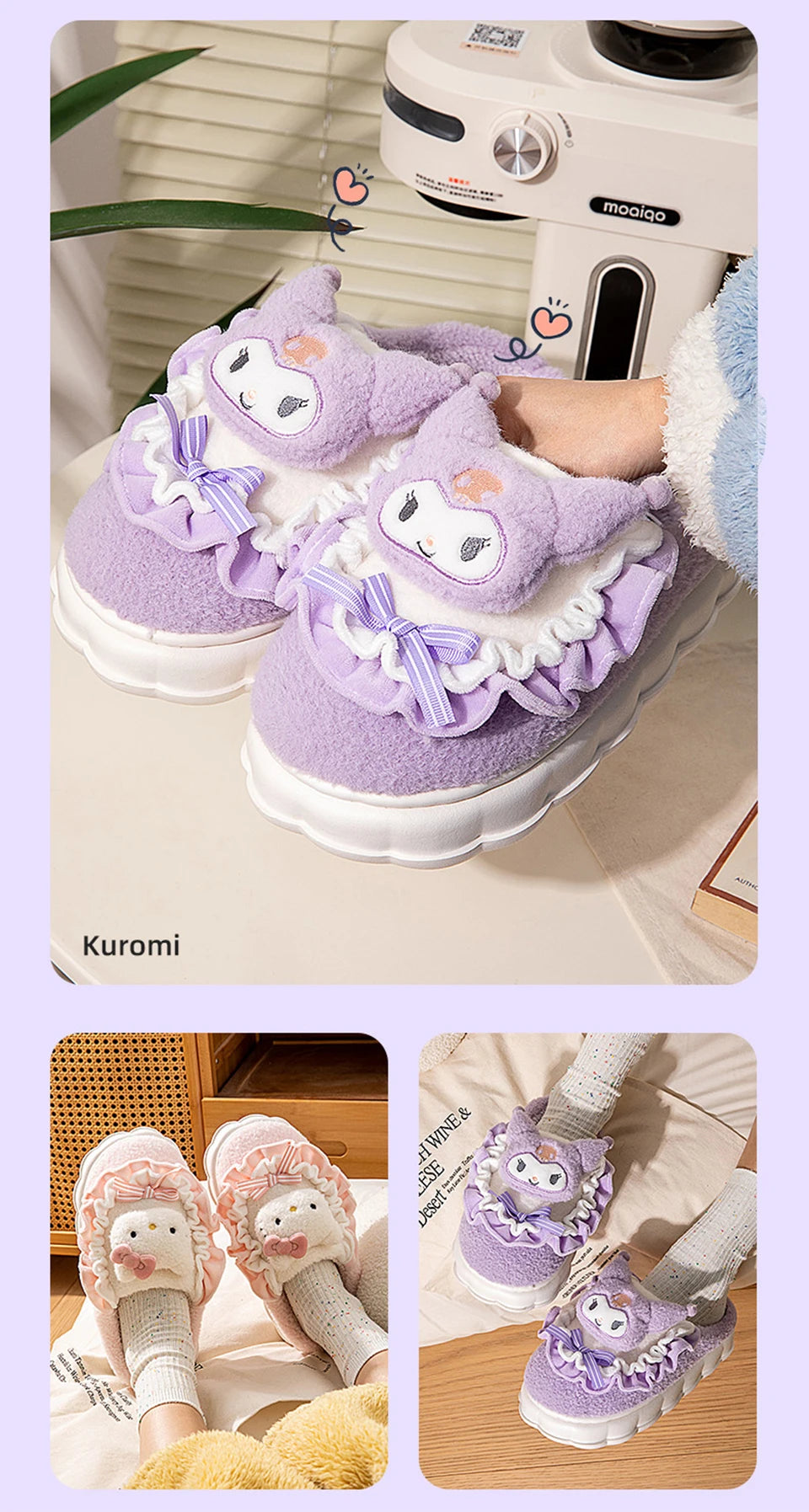 Sanrio Kawaii Cinnamoroll Womens Slippers Kuromi Hello Kitty Plush Cartoon Cute Sweet Suitable Indoor Outdoor Winter Shoes